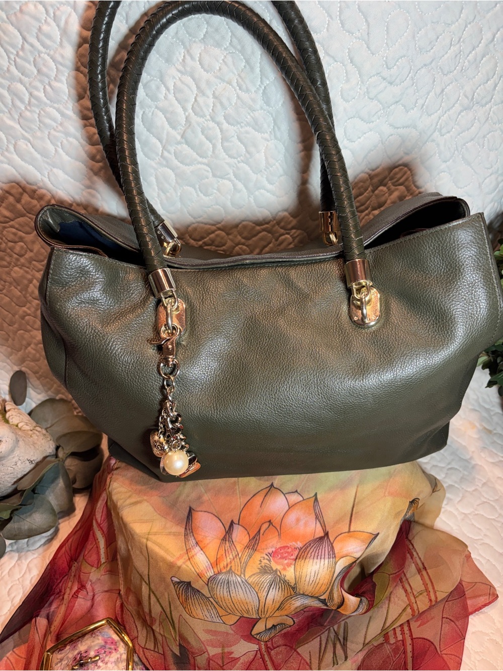 Cole Haan Olive Green Leather Tote with Charm